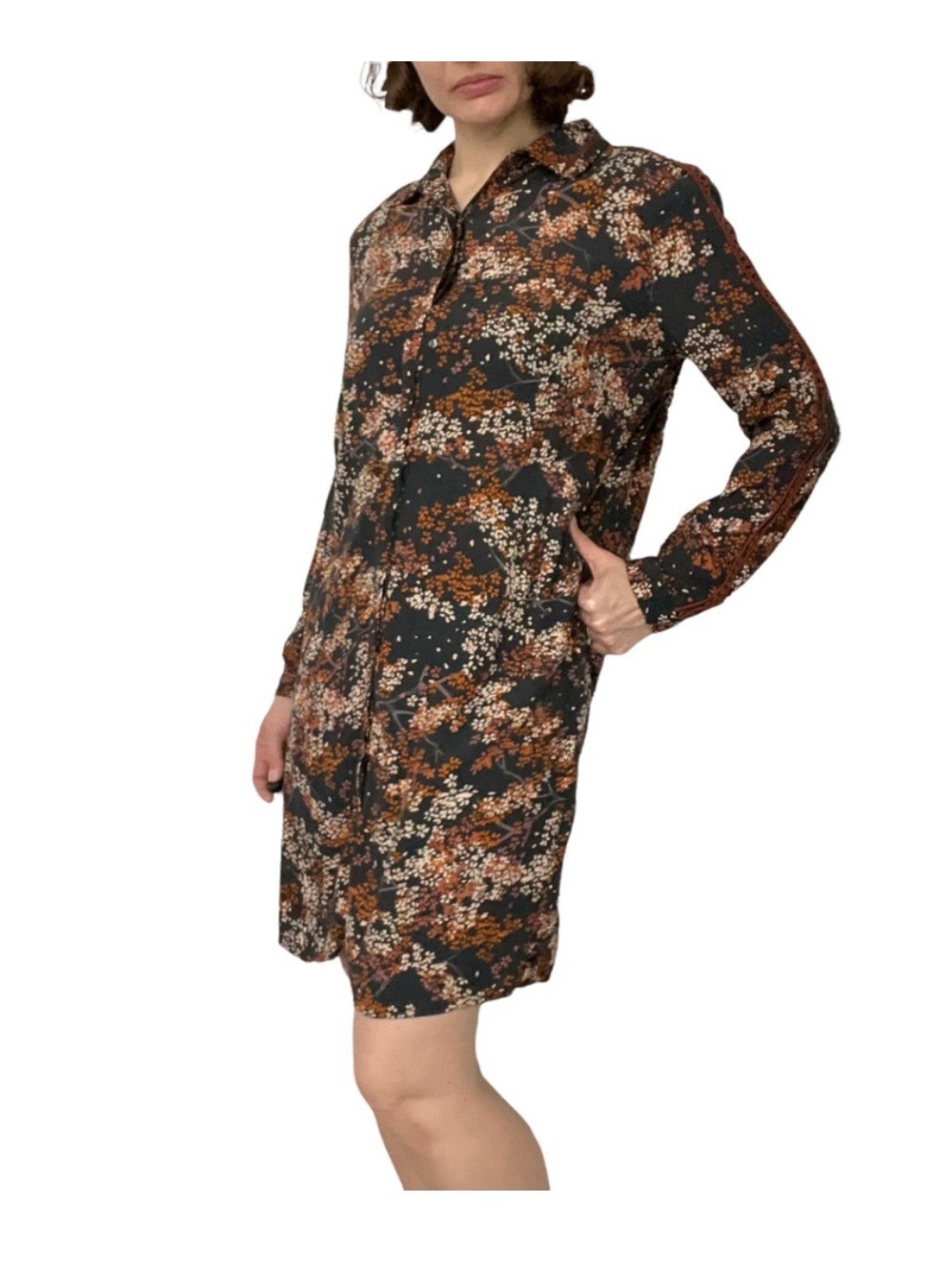 Scotch & Soda Black Floral Button-Front Long Sleeve Dress with Rust Accents